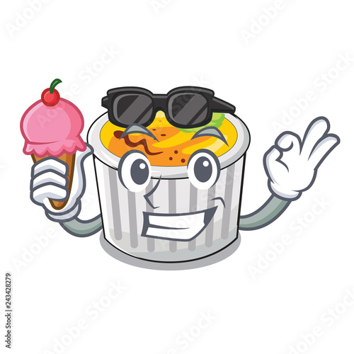 With ice cream creme brule in white cartoon bowl