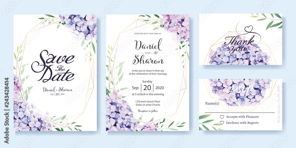 Wedding Invitation, save the date, thank you, RSVP card Design template. Vector. hydrangea flowers, olive leaves. Watercolor style. - obrazy, fototapety, plakaty 