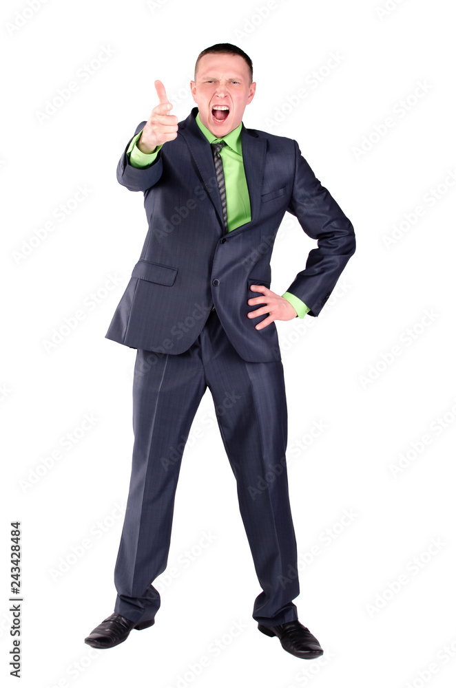 Angry businessman or boss is scolding someone and is pointing ahead by his index finger isolated on the white background. Angry businessman or boss is scolding someone and is pointing ahead by his index finger isolated on the white background.