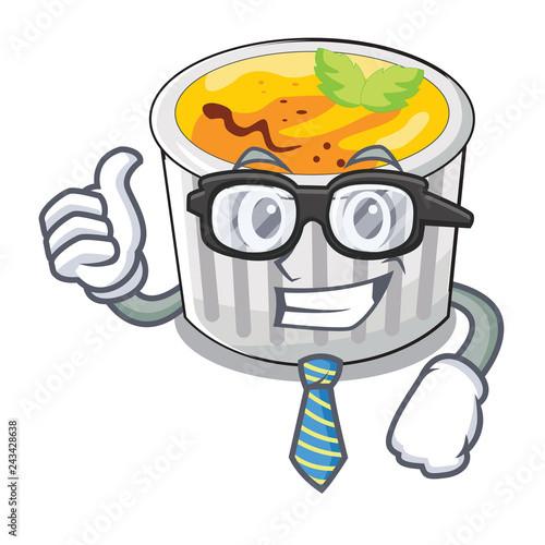 Businessman creme brule in white cartoon bowl