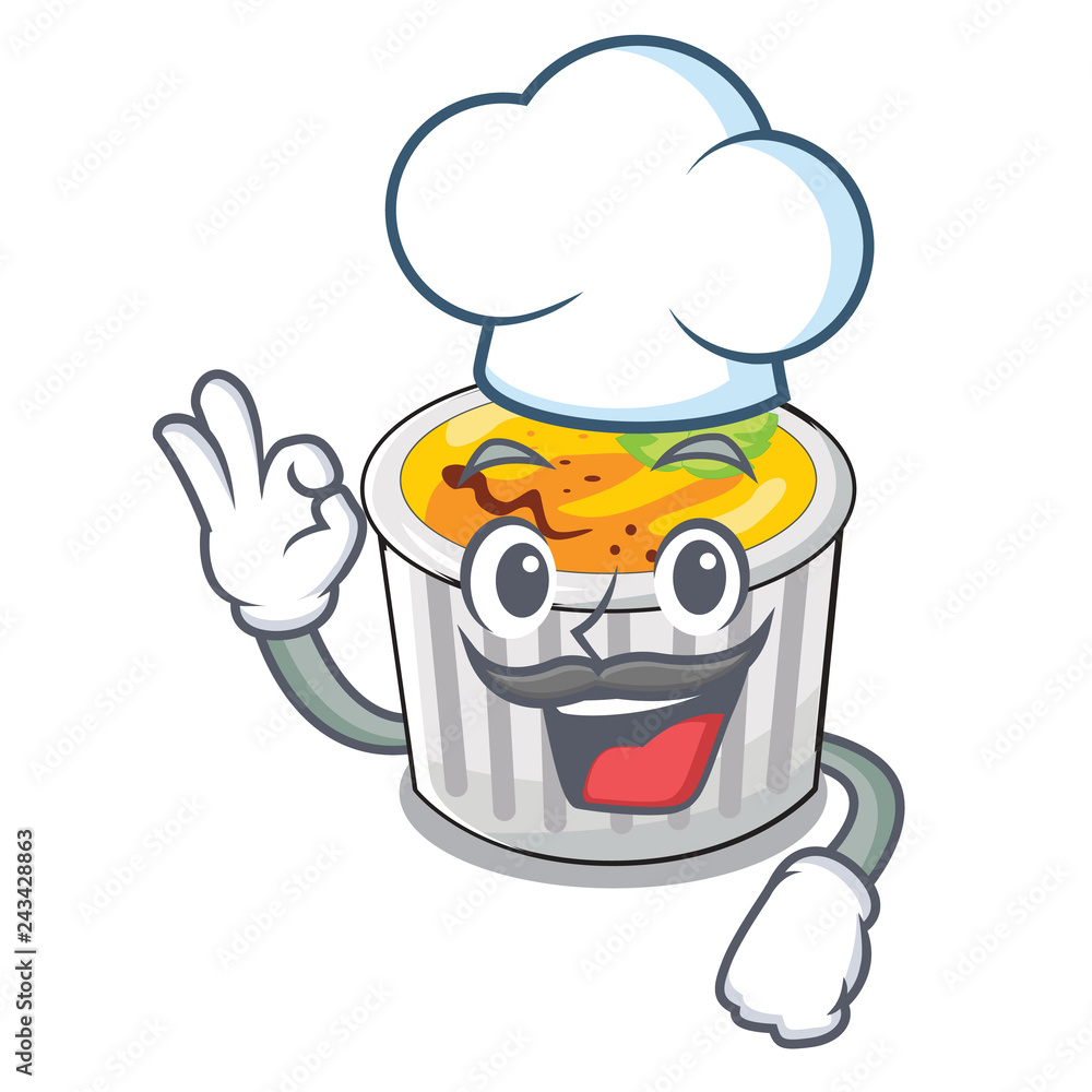 Chef creme brule in white cartoon bowl