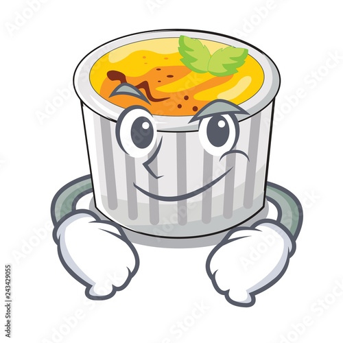 Smirking creme brule in white cartoon bowl