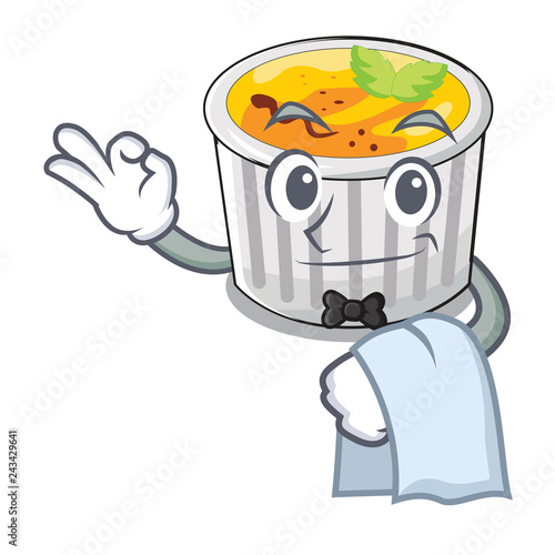 Waiter creme brulee on wooden character table