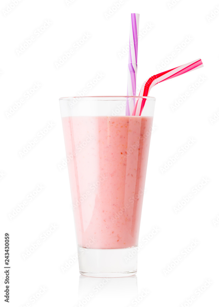 Berry smoothie or yogurt in tall glass with two straw Berry smoothie or yogurt in tall glass with two straw