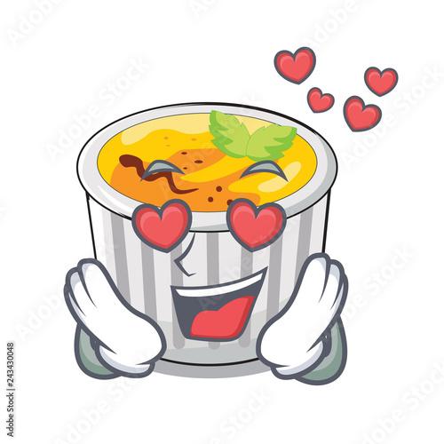 In love creme brulee on wooden character table