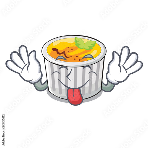 Tongue out creme brulee served on mascot plate