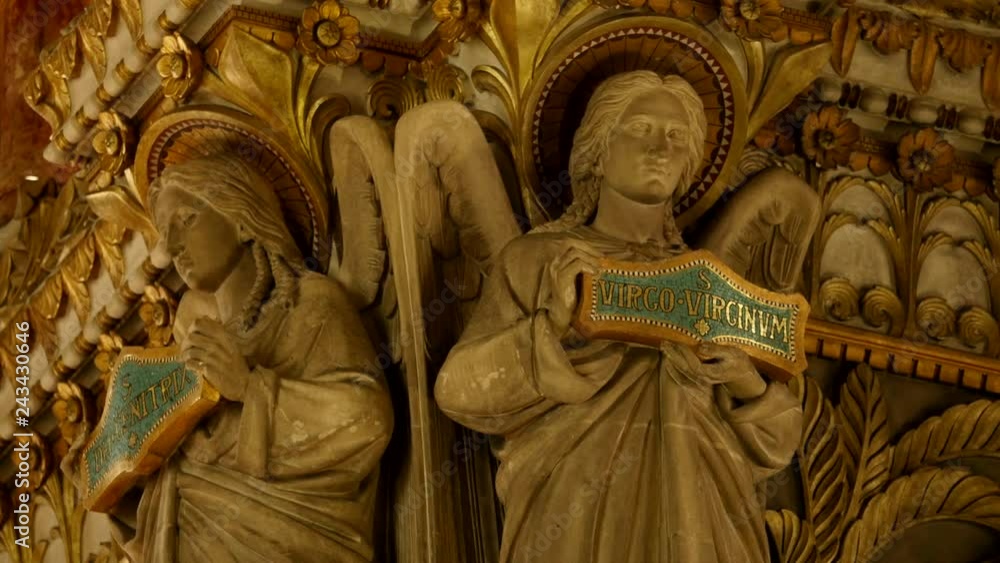 French Cathedral with Angels with signs Close up French Cathedral with Angels with signs Close up