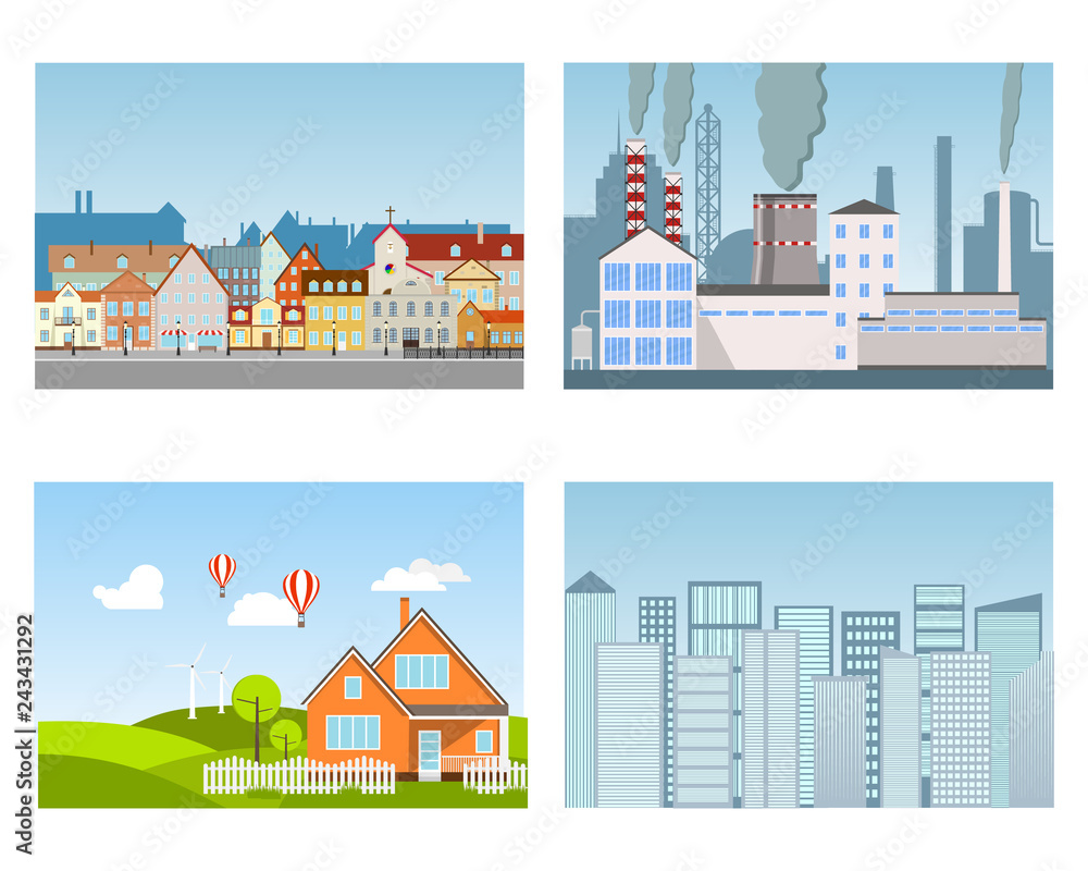Cityscapes. Industrial district, old town, modern megapolis, suburb. Cartoon illustration of a Urban landscapes.