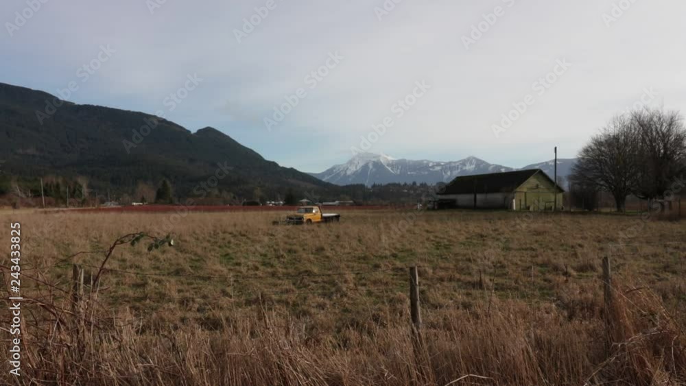 Yellow truck in foreground and snow capped mountain in background 18mm Yellow truck in foreground and snow capped mountain in background 18mm