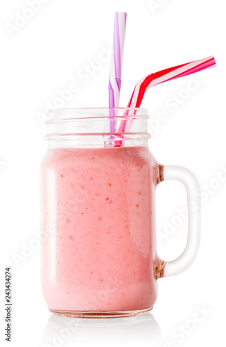 Berry smoothie or yogurt in mason jar with straws