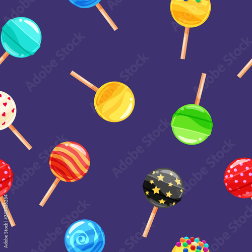 Seamless pattern colored candy lollipop, caramel on stick. Cute ornament for packaging, fabric, background, banner, poster, vector, illustration, isolated, cartoon style