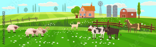 Rural spring landscape countryside with farm field with green grass, flowers, trees. Farmland with house, windmill and hay stacks. With farm animals cow, sheep, goat, bull. Outdoor village scenery