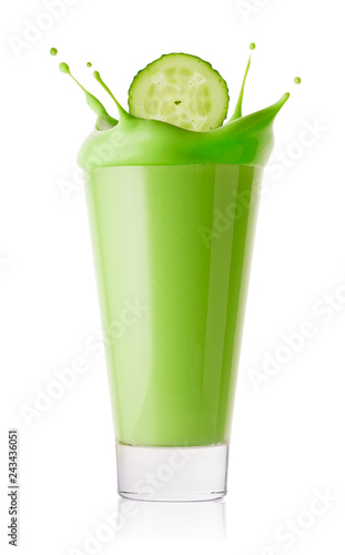 Splash from cucumber slices in green smoothie or yogurt