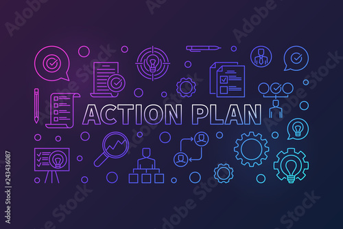 Action Plan horizontal creative outline banner or illustration on dark background