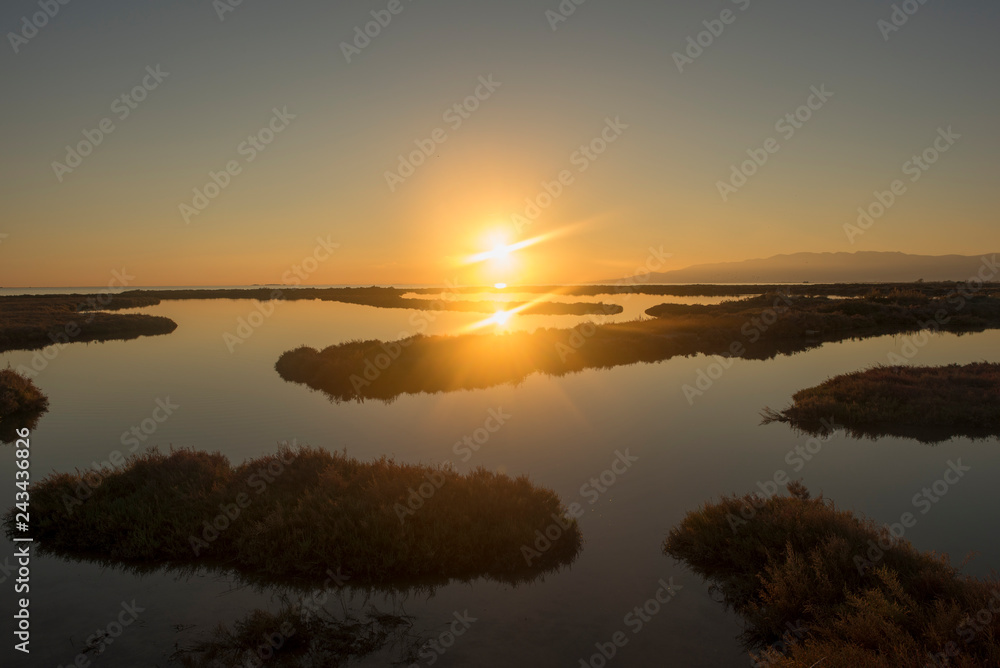Sunset in the ebro delta by the sea