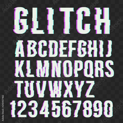 Trendy style distorted glitch typeface alphabet. Letters and numbers: A to Z and numbers from 0 to 9. Green and red channels. Vector illustration. 