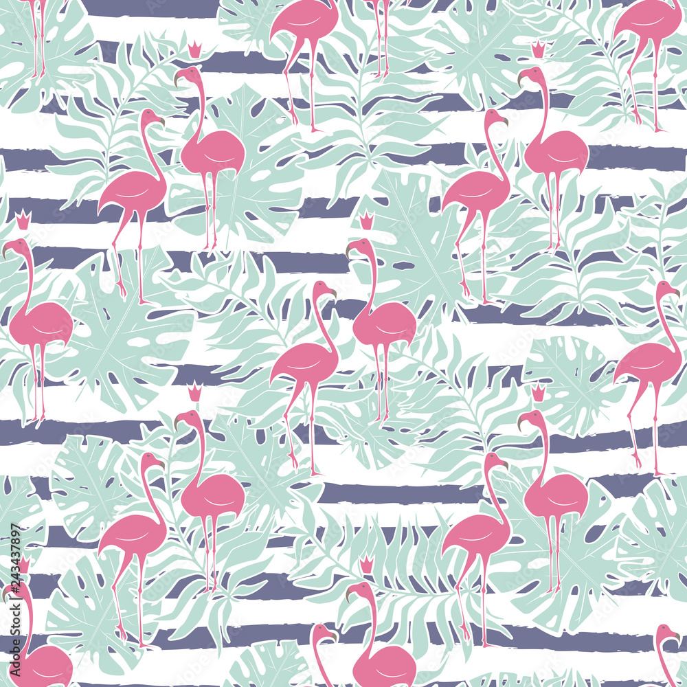 Flamingo pink bird with monstera leaf seamless pattern Flamingo pink bird with monstera leaf seamless pattern