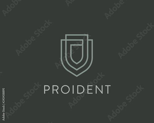 Linear shield vector logo. Line protection security guard logotype
