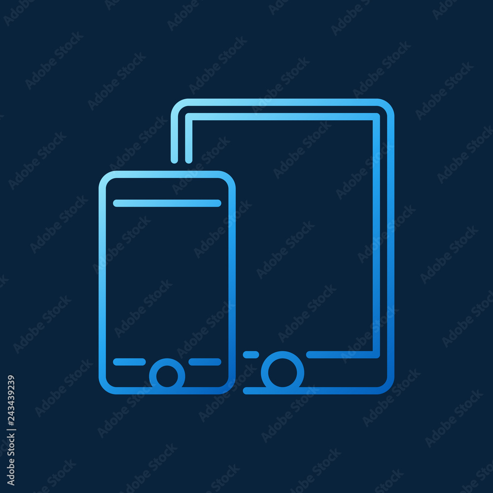 Smartphone with tablet vector blue outline icon or symbol on dark background Smartphone with tablet vector blue outline icon or symbol on dark background