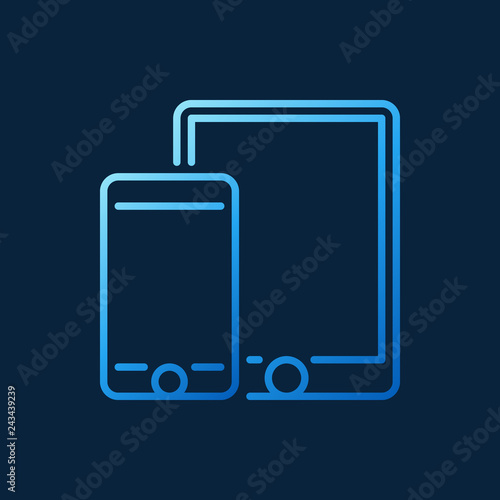 Smartphone with tablet vector blue outline icon or symbol on dark background