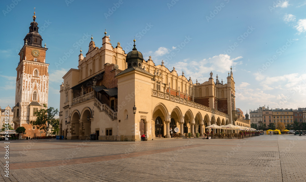 Main Market Square in Krakow during a sunny morning