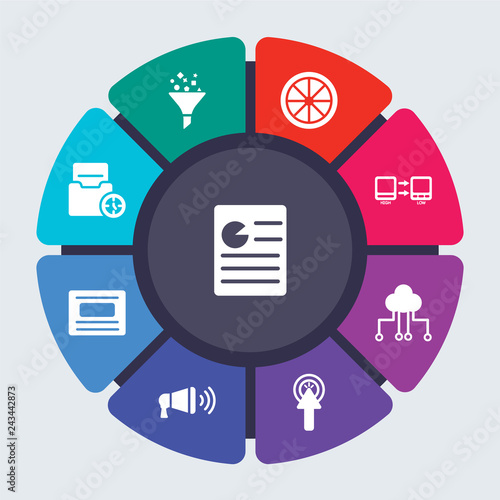 technology vector template for infographics. Business concept with 9 options, steps, parts, segments. Banner infographic cycling diagram, round chart, Content Marketing, curation icons