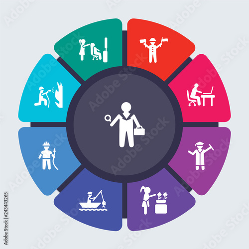 professions vector template for infographics. Business concept with 9 options, steps, parts, segments. Banner infographic cycling diagram, round chart, HR Specialist, Hairdresser, Guide icons