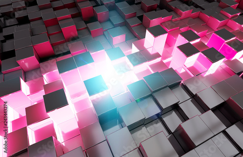 Glowing black blue and pink squares background pattern 3D rendering