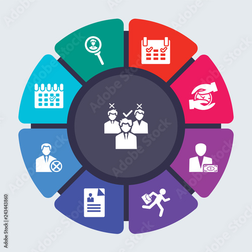 human resources vector template for infographics. Business concept with 9 options, steps, parts, segments. Banner infographic cycling diagram, round chart, Selection process, Searching icons