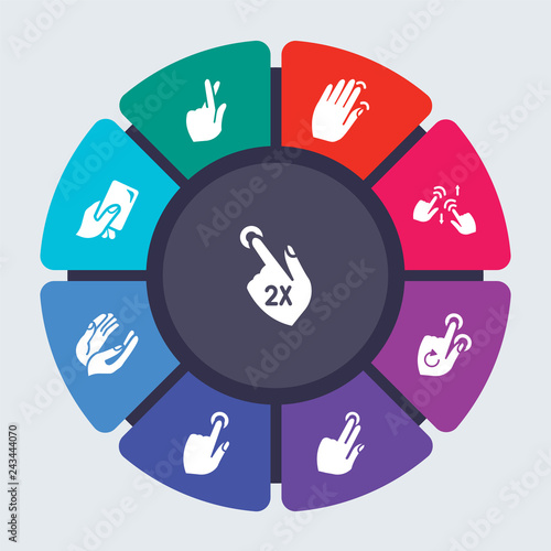 hands vector template for infographics. Business concept with 9 options, steps, parts, segments. Banner infographic cycling diagram, round chart, Double Tap gesture, cross finger, Luck icons