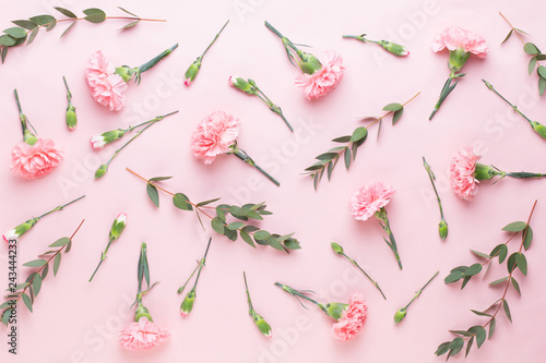 Flowers and eucaaliptus composition. Pattern made of various colorful flowers on white background. Flat lay stiil life. photo