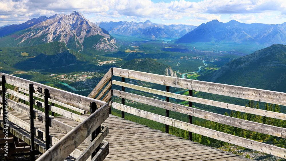 Canadian Rocky Mountains nature landscape and wooden tourist trail (pathway)