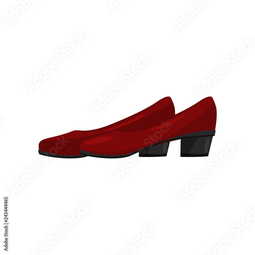 Classic red female shoes with low heels, side view. Trendy women footwear. Fashion theme. Flat vector icon