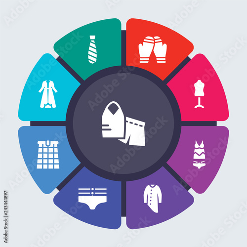 clothes vector template for infographics. Business concept with 9 options, steps, parts, segments. Banner infographic cycling diagram, round chart, Nightwear, necktie, Mittens, Mannequin icons