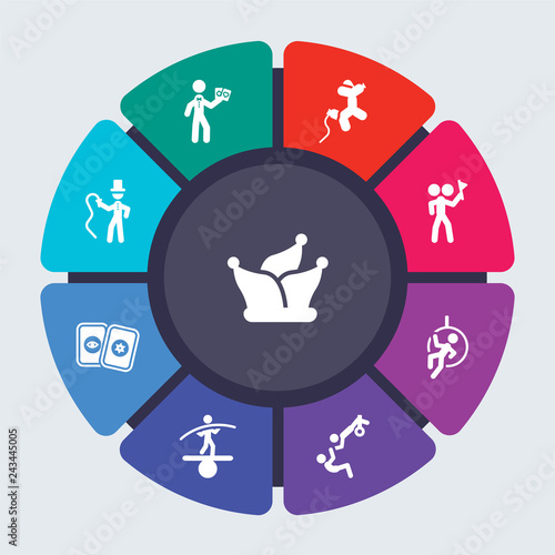 circus vector template for infographics. Business concept with 9 options, steps, parts, segments. Banner infographic cycling diagram, round chart, Circus, Cards, Balloon dog, Two headed man icons
