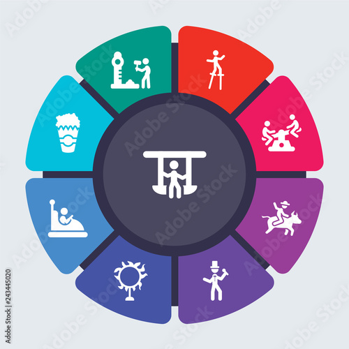 circus vector template for infographics. Business concept with 9 options, steps, parts, segments. Banner infographic cycling diagram, round chart, Swings, Strength tester, Stilt walker icons