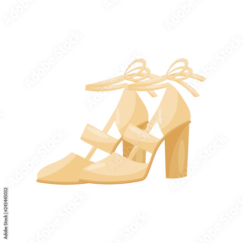 Flat vector icon of fashionable women sandals on high heels, side view. Female shoes with ribbons. Trendy footwear