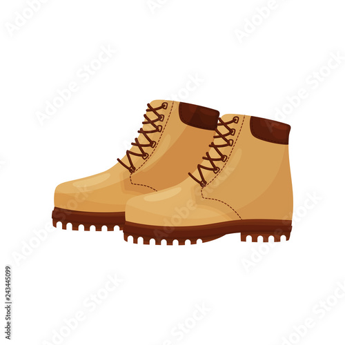 Trendy beige boots with laces, side view. Short warm shoes for cold season. Winter footwear. Flat vector icon