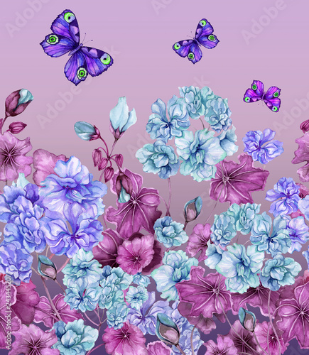 Beautiful floral background with pelargonium flowers and butterflies in brigh...
