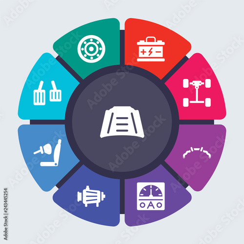 car parts vector template for infographics. Business concept with 9 options, steps, parts, segments. Banner infographic cycling diagram, round chart, bonnet, bearing, battery icons