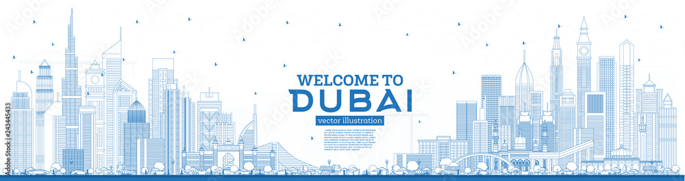 Obraz premium Zarys Witamy w Dubaju ZEA Skyline z Blue Buildings.