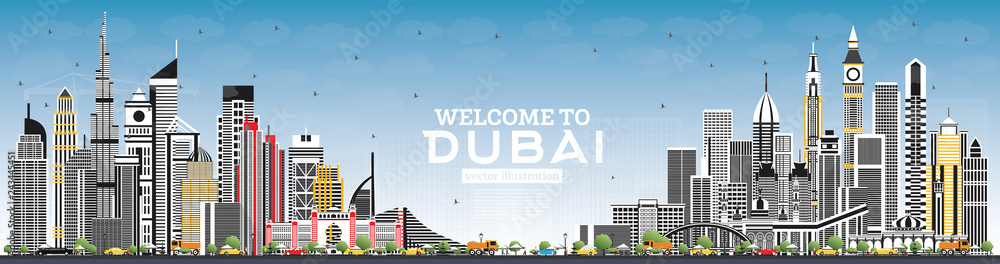 Naklejka premium Witamy w Dubai UAE Skyline z szarymi budynkami i błękitnym niebem.