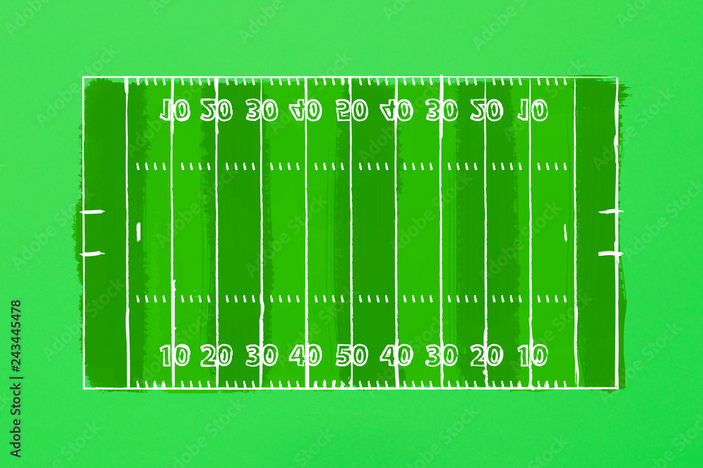 Naklejka Image of a football field on a green cardboard. Tactics of the game. The concept of the game of American football. Flat lay, top view.