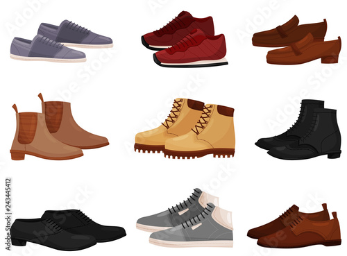 Flat vector set of different male and female shoes, side view. Casual and formal men footwear. Fashion theme