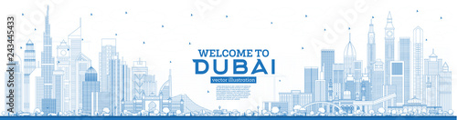 Outline Welcome to Dubai UAE Skyline with Blue Buildings.