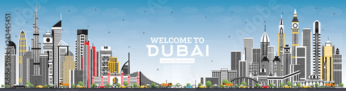 Welcome to Dubai UAE Skyline with Gray Buildings and Blue Sky.