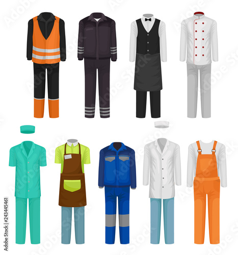 Flat vector set of staff clothing. Uniform of roadman, guard, hospital and restaurant workers. Workwear theme