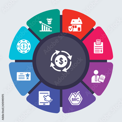 business vector template for infographics. Business concept with 9 options, steps, parts, segments. Banner infographic cycling diagram, round chart, cycle, Bull market icons