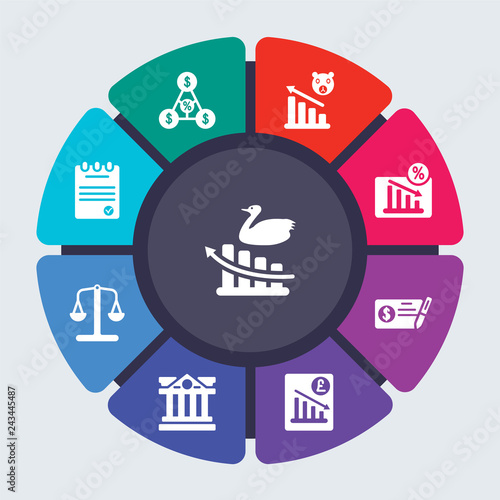 business vector template for infographics. Business concept with 9 options, steps, parts, segments. Banner infographic cycling diagram, round chart, Black swan, Bid-offer spread, Bear market icons