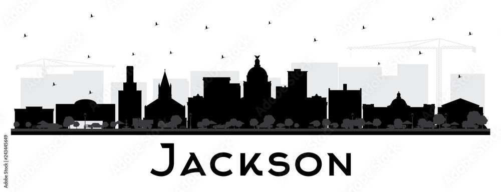 Jackson Mississippi City Skyline Silhouette with Black Buildings Isolated on White.